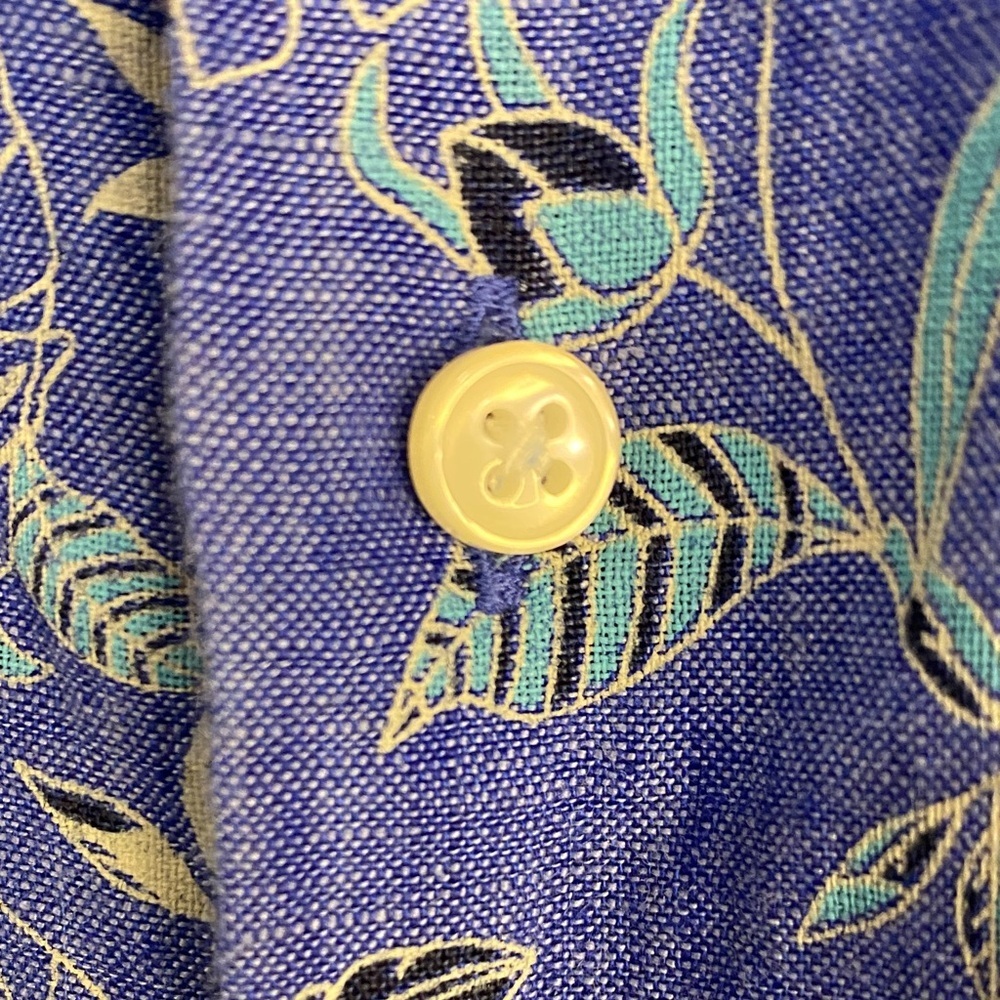 Linen Tropical Floral Shirt Buttondown Resortwear Modern Contemporary Blue Small - Picture 3 of 9